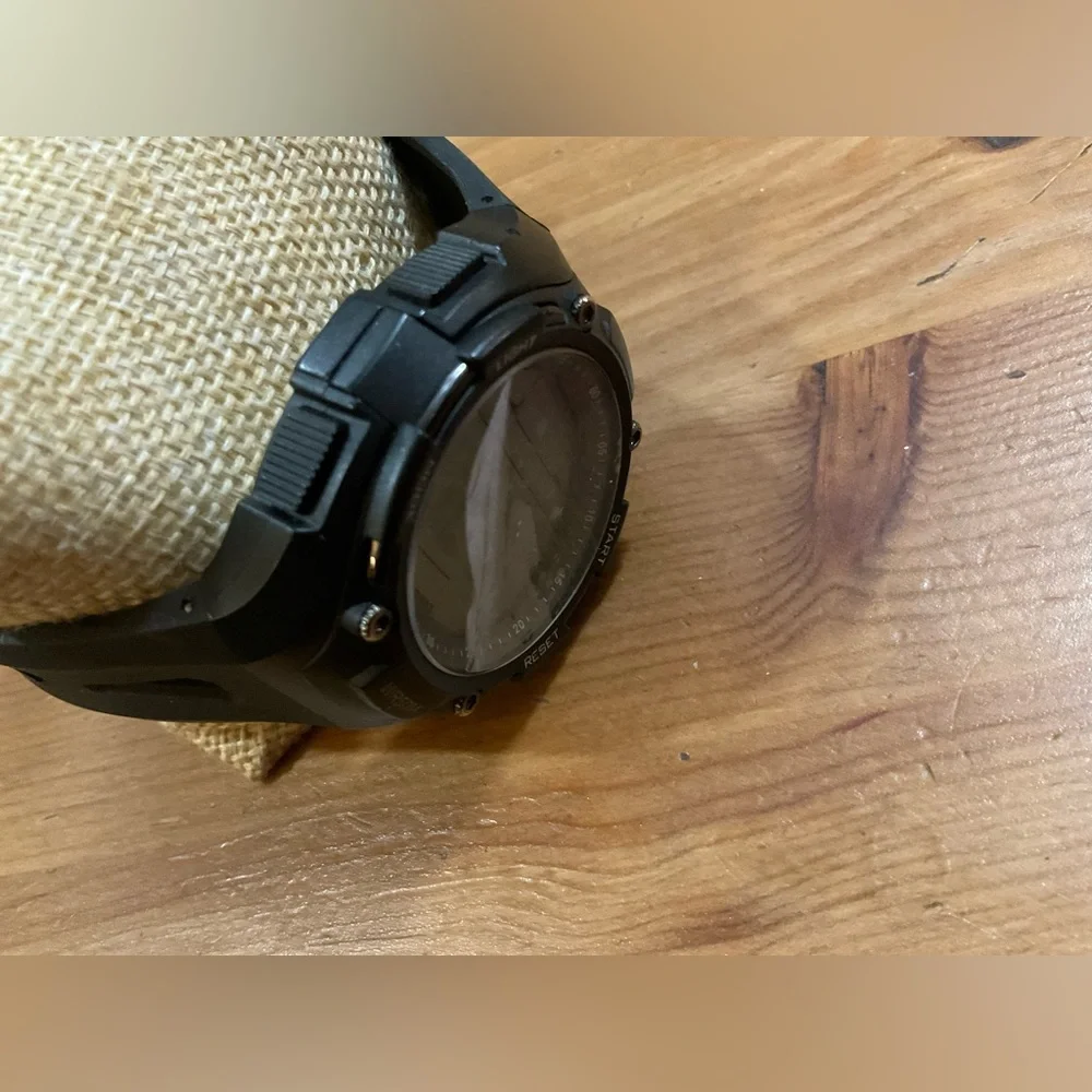 Brigadeon: BTW1801/ 5ATM Men’s black digital adjustable plastic wrist watch.